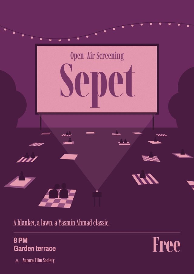 Poster for the open-air screening of Sepet: a projector beam over a lawn of blankets on plum. 8 PM, Garden terrace, free.