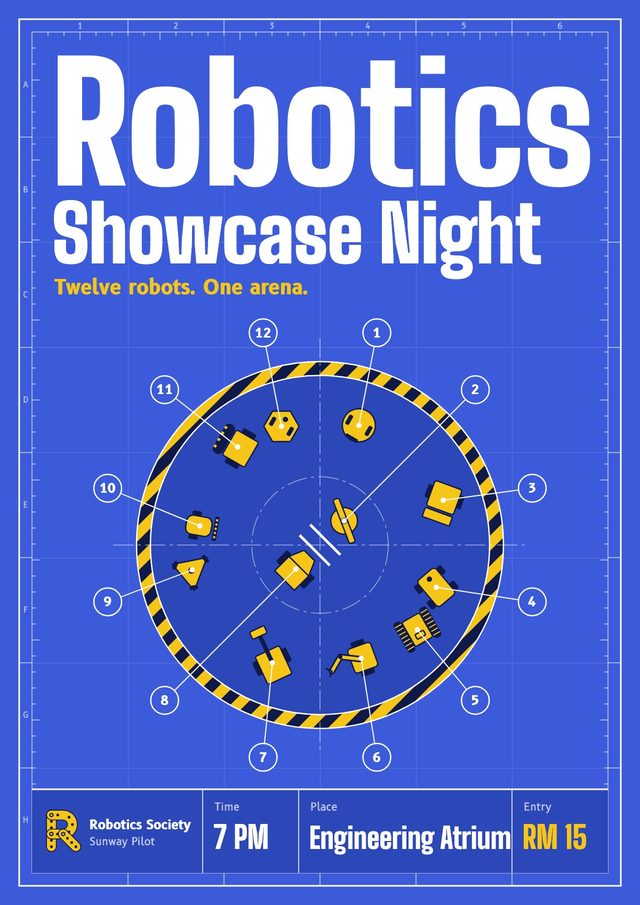 Poster for Robotics Showcase Night: twelve small yellow robots in a circular arena drawn on blue grid paper. 7 PM, Engineering Atrium, RM 15.
