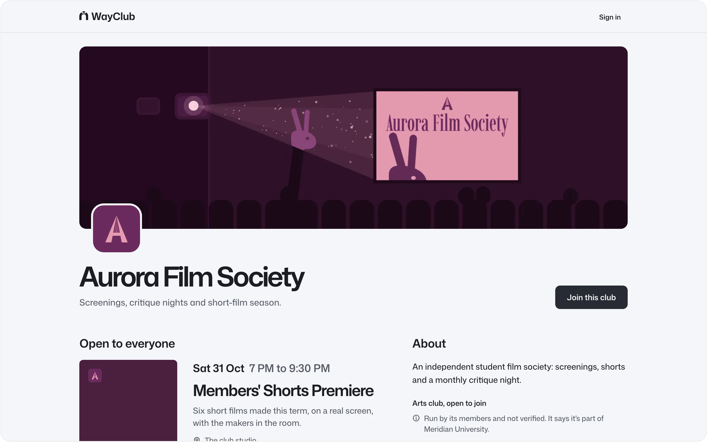 Aurora Film Society's own page on WayClub, in its colours, with what it is running next