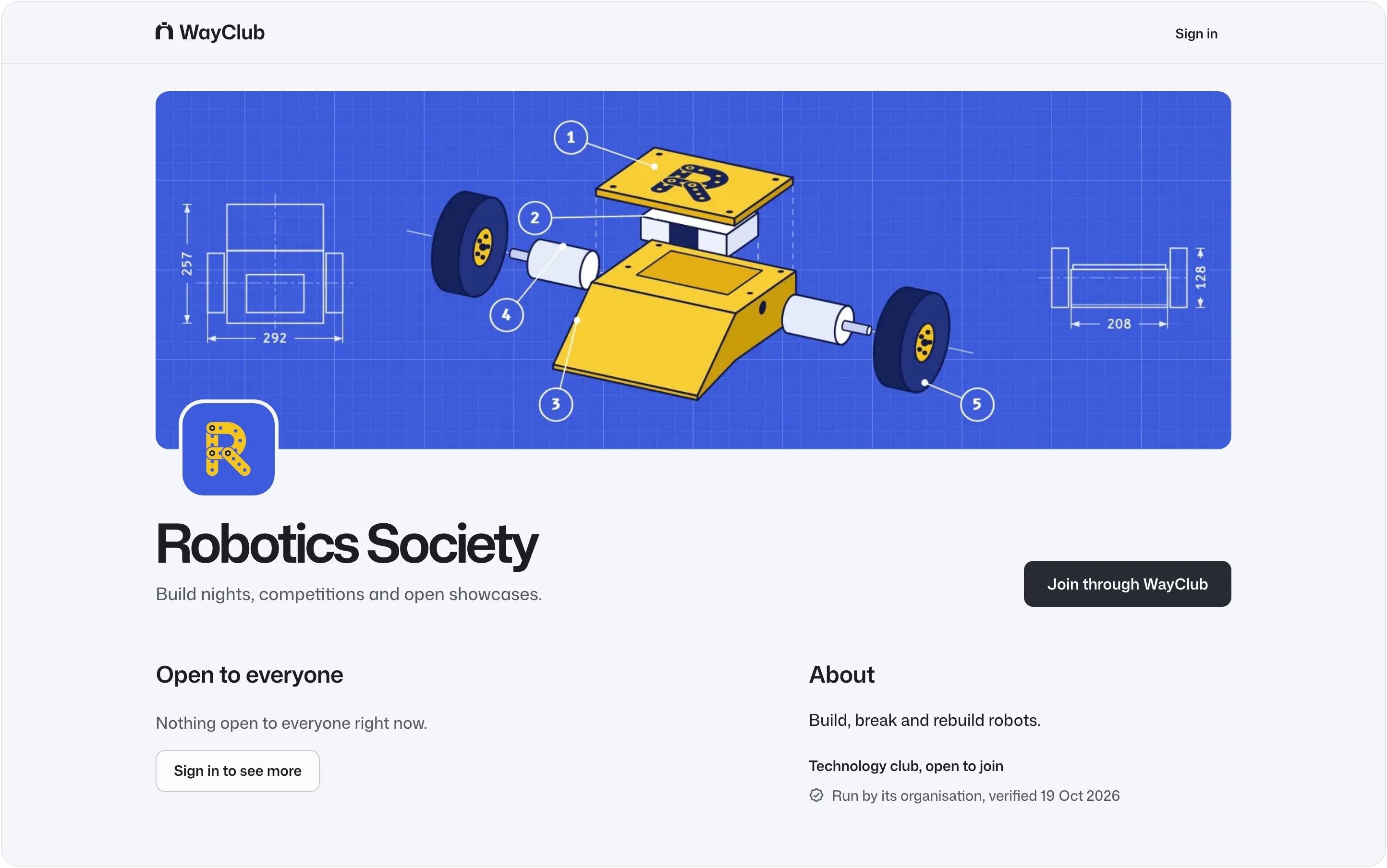 Robotics Society's own page on WayClub, in its colours, with what it is running next