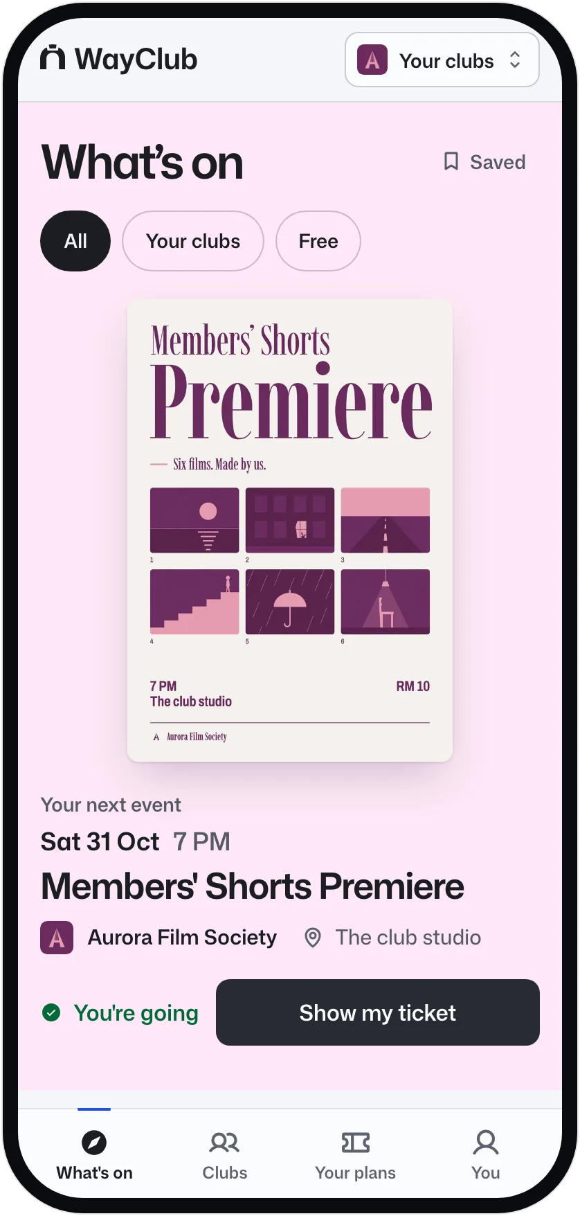What's on in WayClub on a phone: the next event from your clubs, its poster, time and place, and who is running it